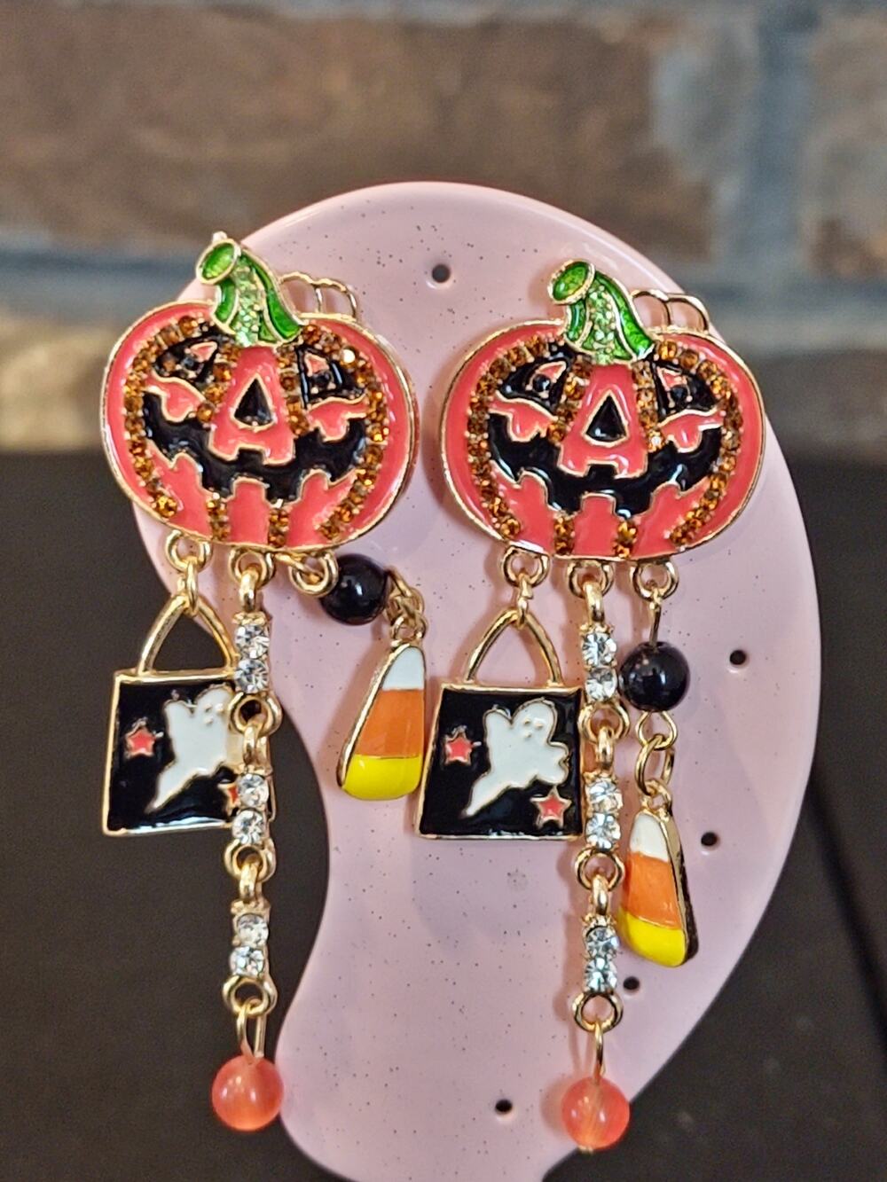 Halloween Pumpkin Earrings With Dangle Accents of Ghosts & Candy Corn